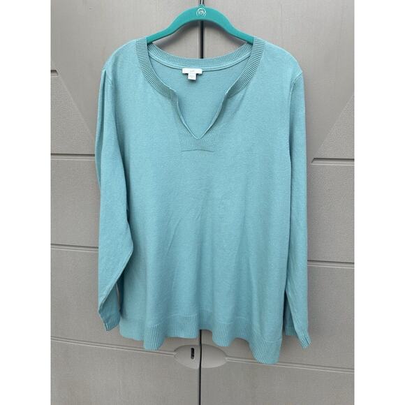 J Jill Women’s Henley Split Neck Cotton Blend Sweater Aqua Size Sz Large - Picture 2 of 8